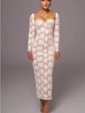 JLUXLABEL White Floral Lace Long-Sleeve Midi Dress